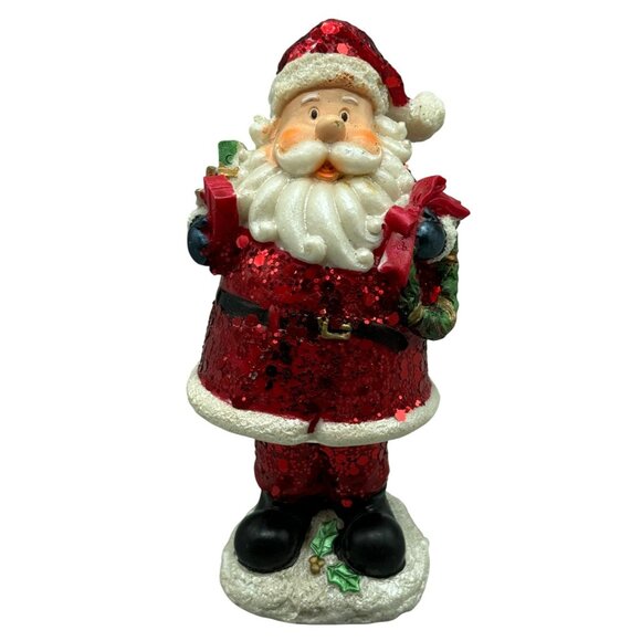 Santa Claus Bobble head Figurine Glittered Holding Gifts Wreath Decoration READ - Picture 1 of 8